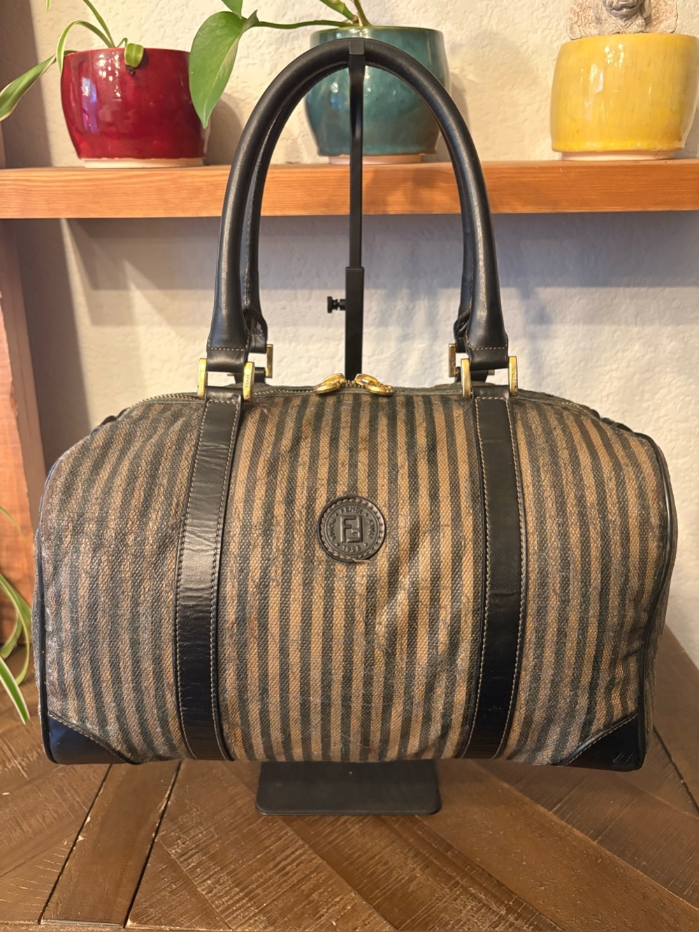 Vintage Fendi Pequin Stripe Boston Bag Brown Black Made in Italy